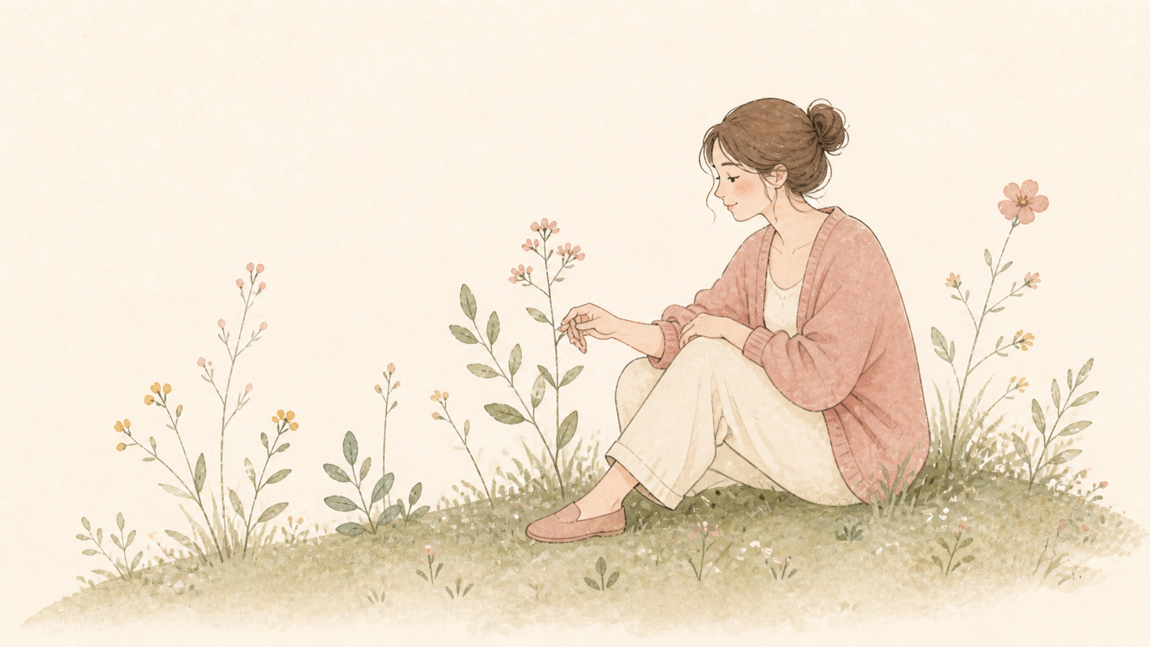A woman sitting in a light watercolor garden